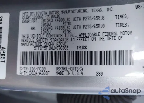 2020 Toyota Tundra Sr5 z USA, uszkodzony, nr VIN 5TFUY5F1XLX876383